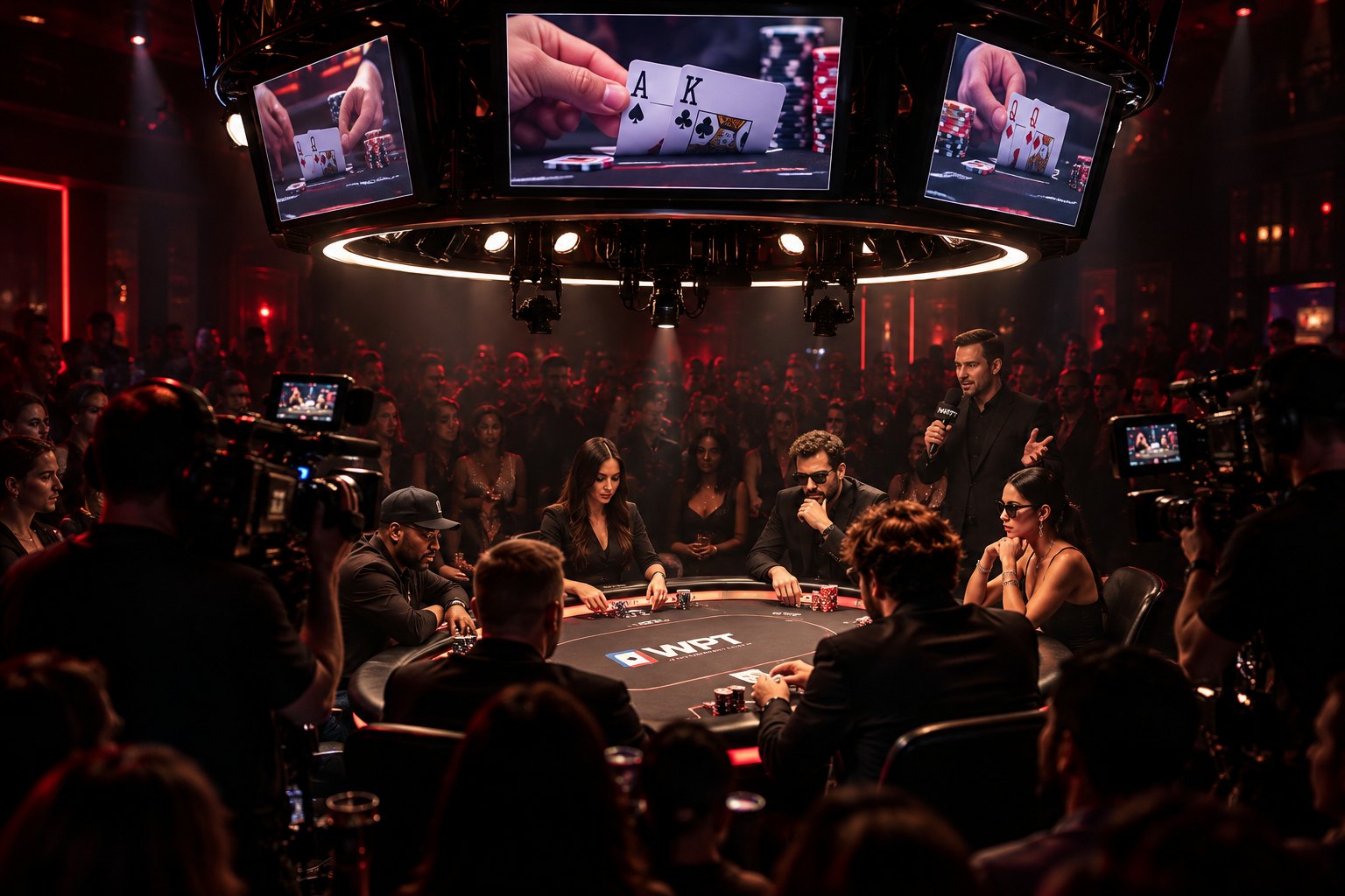 Render of the WPT Hero Table: an elevated, camera-ringed table under big-screen hand graphics with a host and a tight crowd