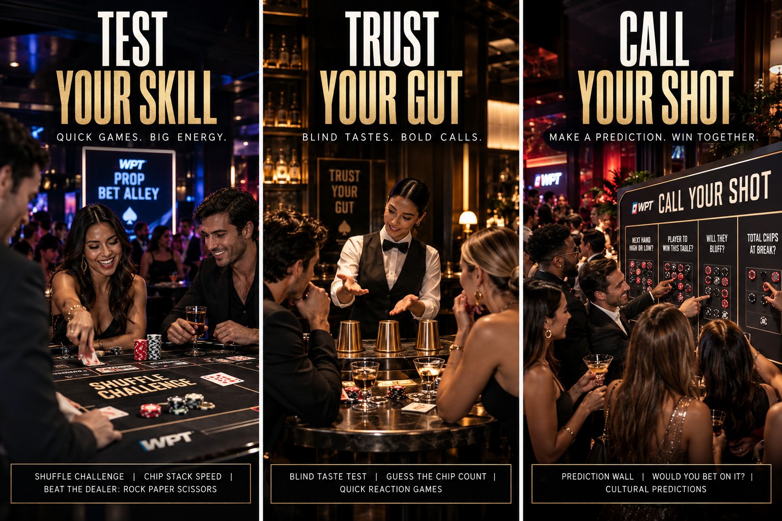 Renders of three Prop Bet Alley stations: Test Your Skill, Trust Your Gut and Call Your Shot